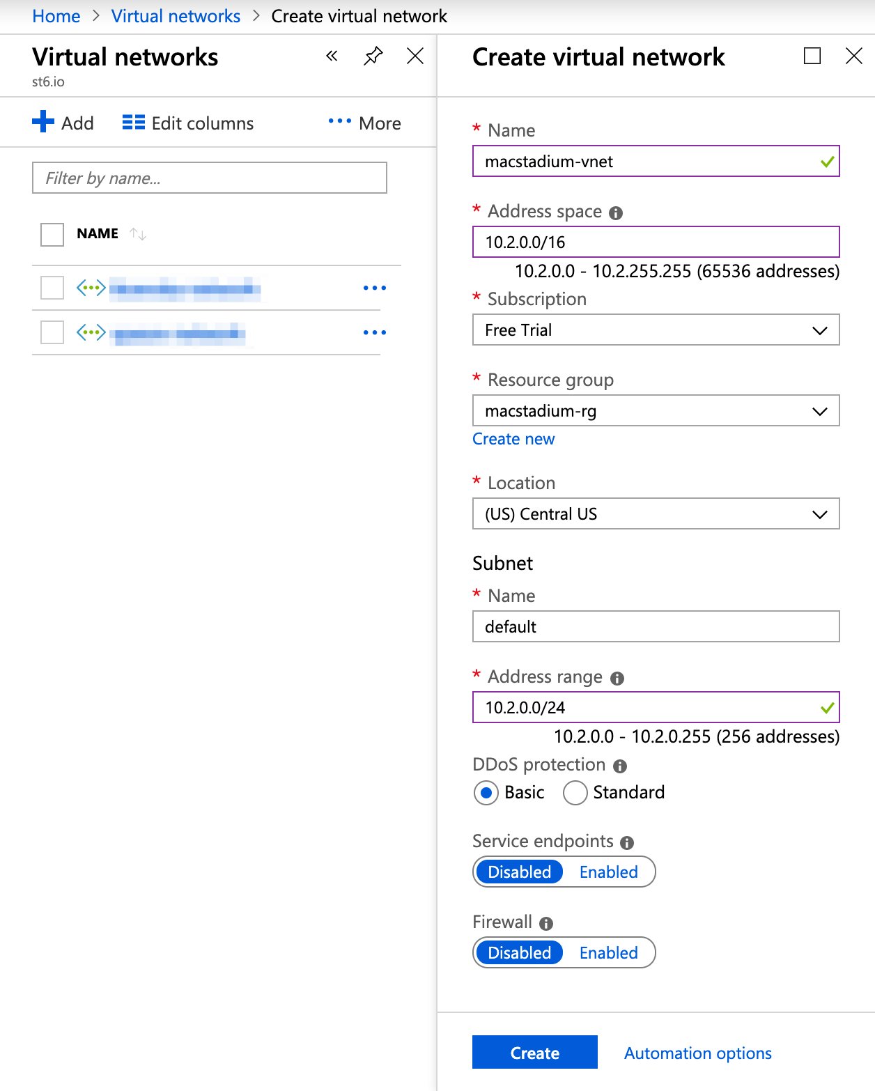 Sample Azure virtual network configuration form