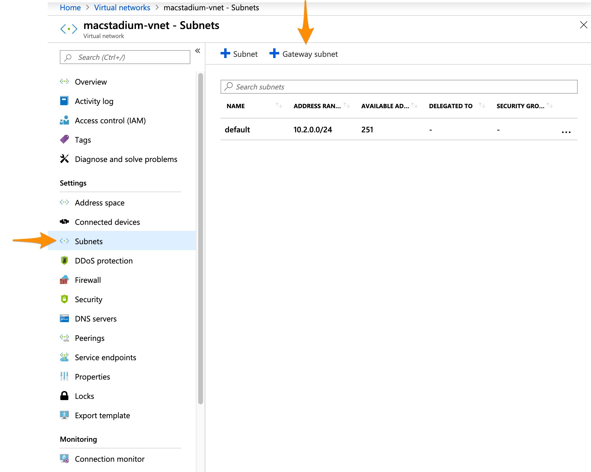 Azure Virtual Networks Subnets tab with Gateway subnet button