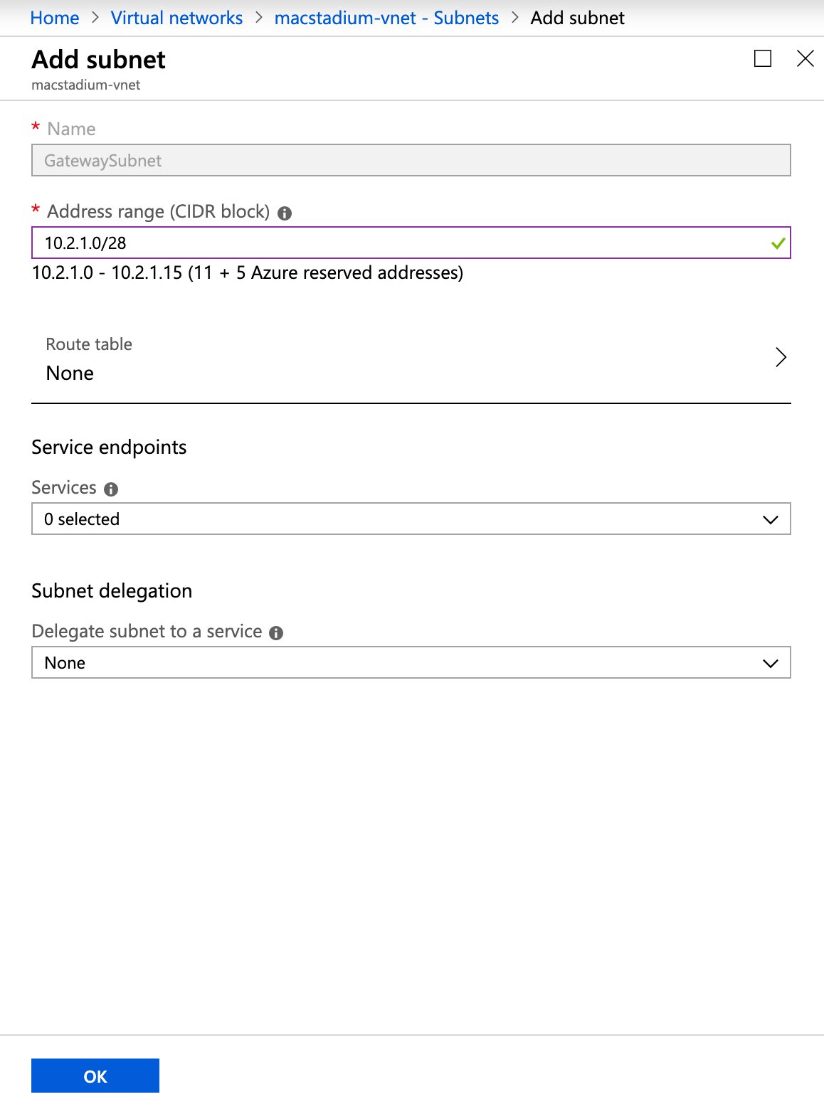 Sample gateway subnet configuration for an Azure virtual network