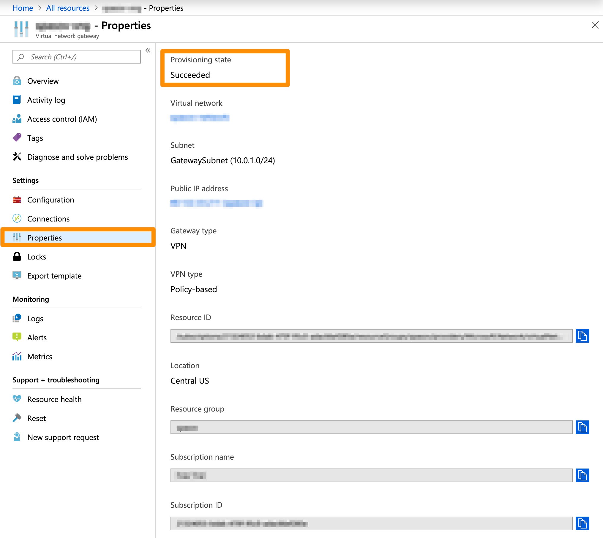 Azure virtual network gateway Properties showing Provisioning state Succeeded