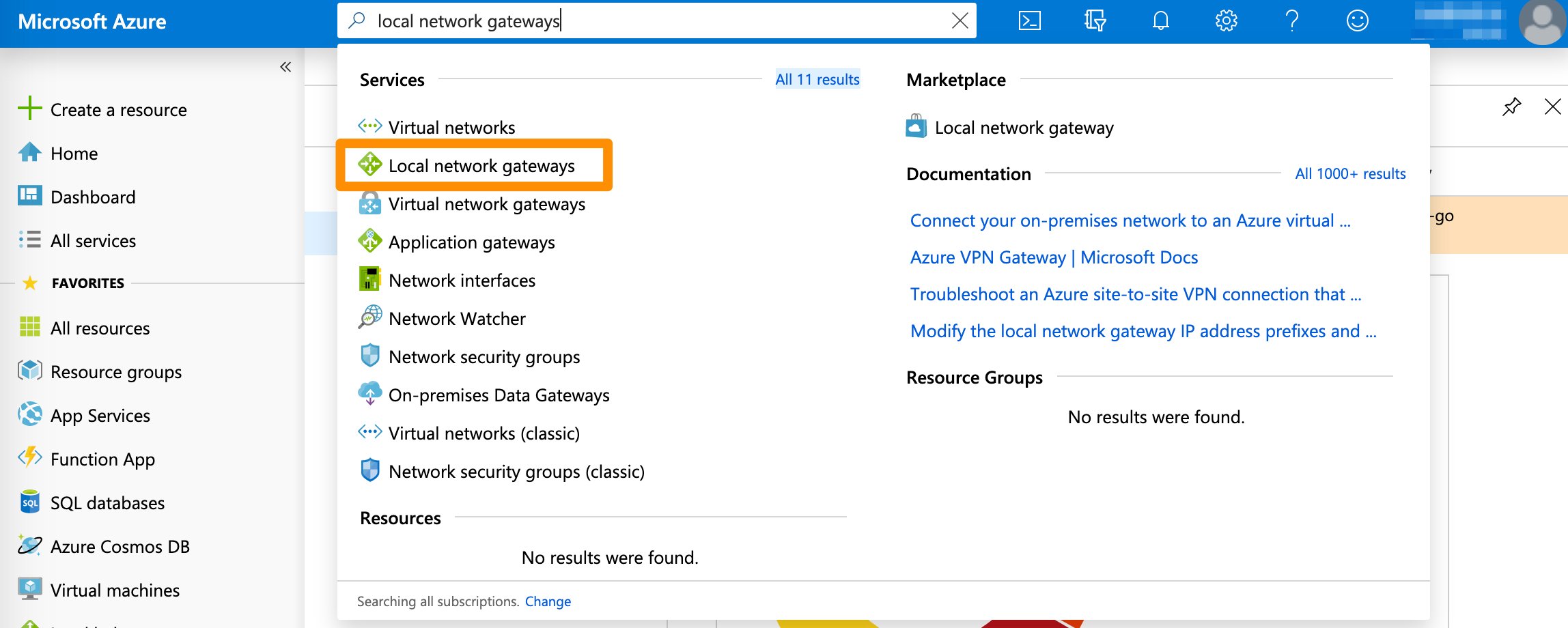 Azure search results with Local network gateways entry highlighted