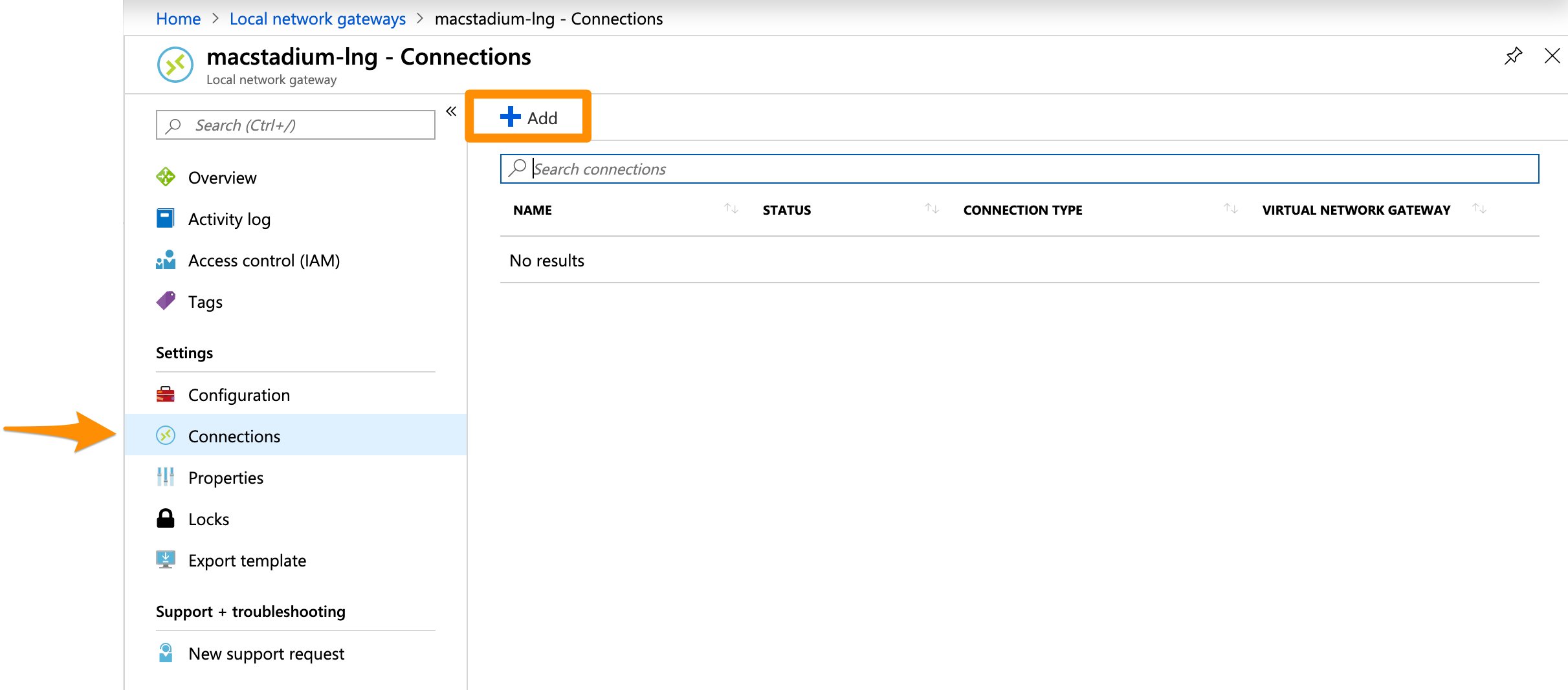 Azure local network gateway Connections sidebar with Add button