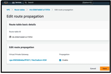 AWS Route Table Route Propagation tab with Propagate checkbox