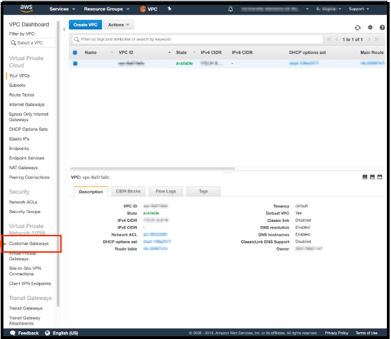 AWS VPC sidebar with Customer gateways option highlighted