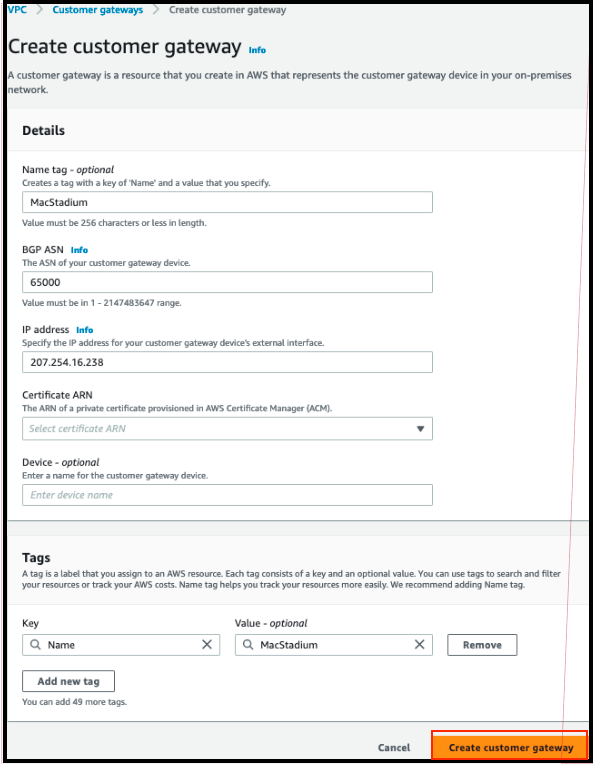 AWS Create Customer Gateway form with BGP ASN and IP address fields