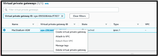 AWS Virtual Private Gateways dashboard with Attach to VPC right-click option