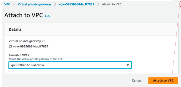 AWS Attach to VPC dialog with VPC dropdown and Attach button