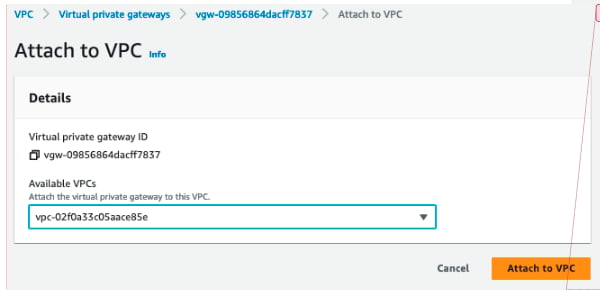 AWS Attach to VPC dialog with VPC dropdown and Attach button