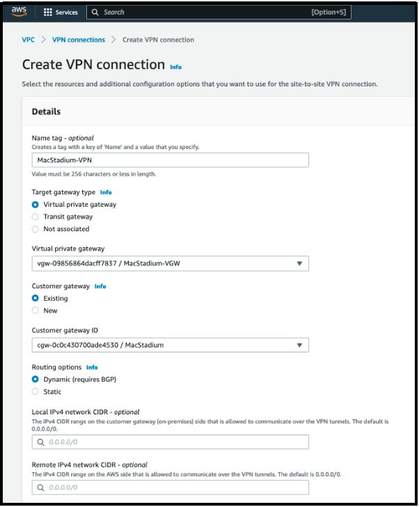 AWS Create VPN Connection form with gateway type and routing settings