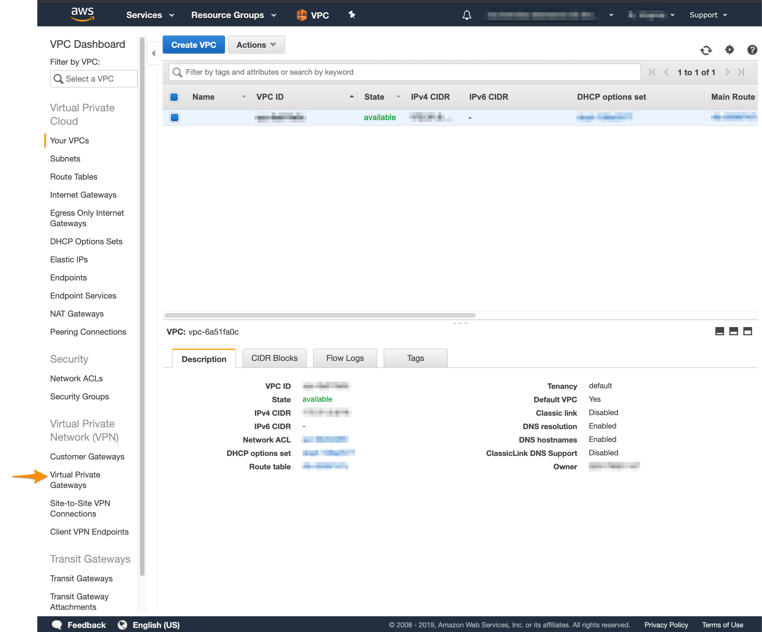AWS VPC sidebar with Site-to-Site VPN Connections option highlighted