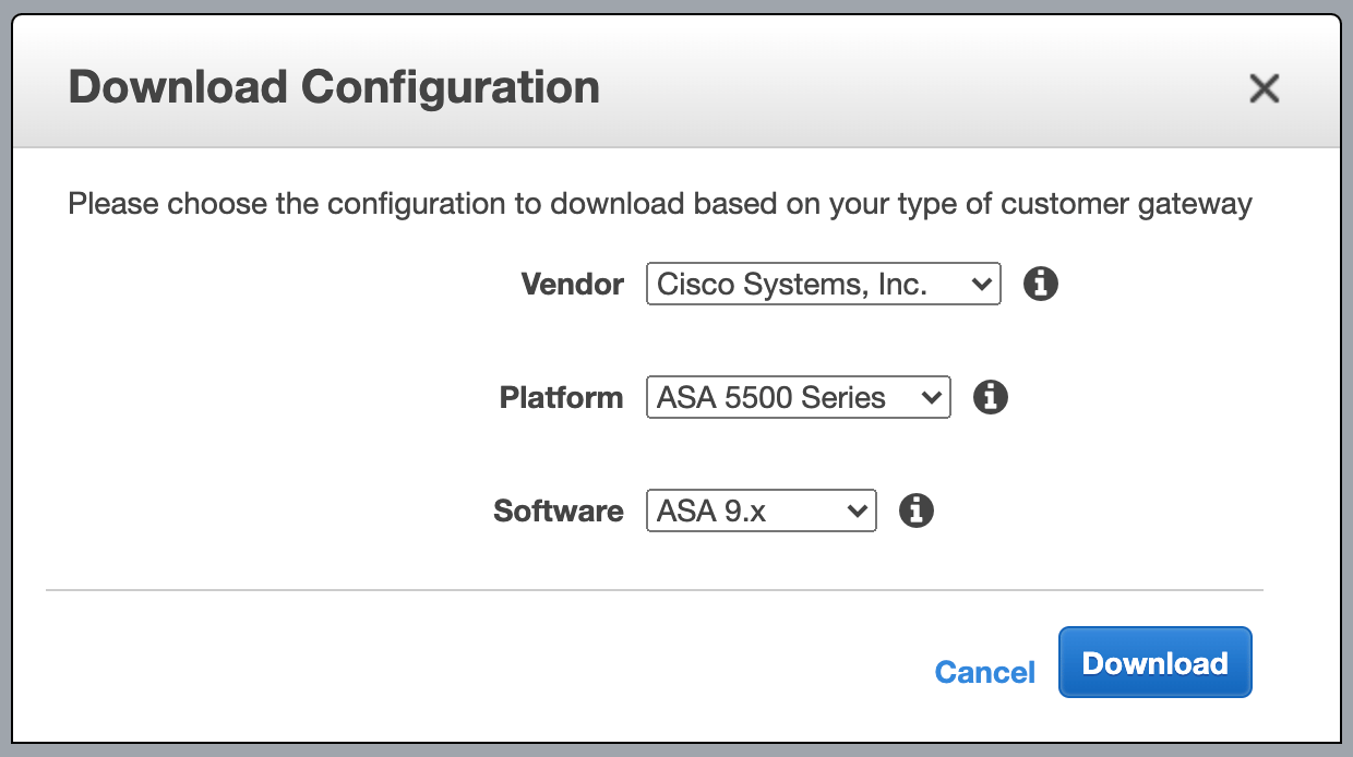AWS Download Configuration dialog with Cisco Systems vendor and ASA platform selected