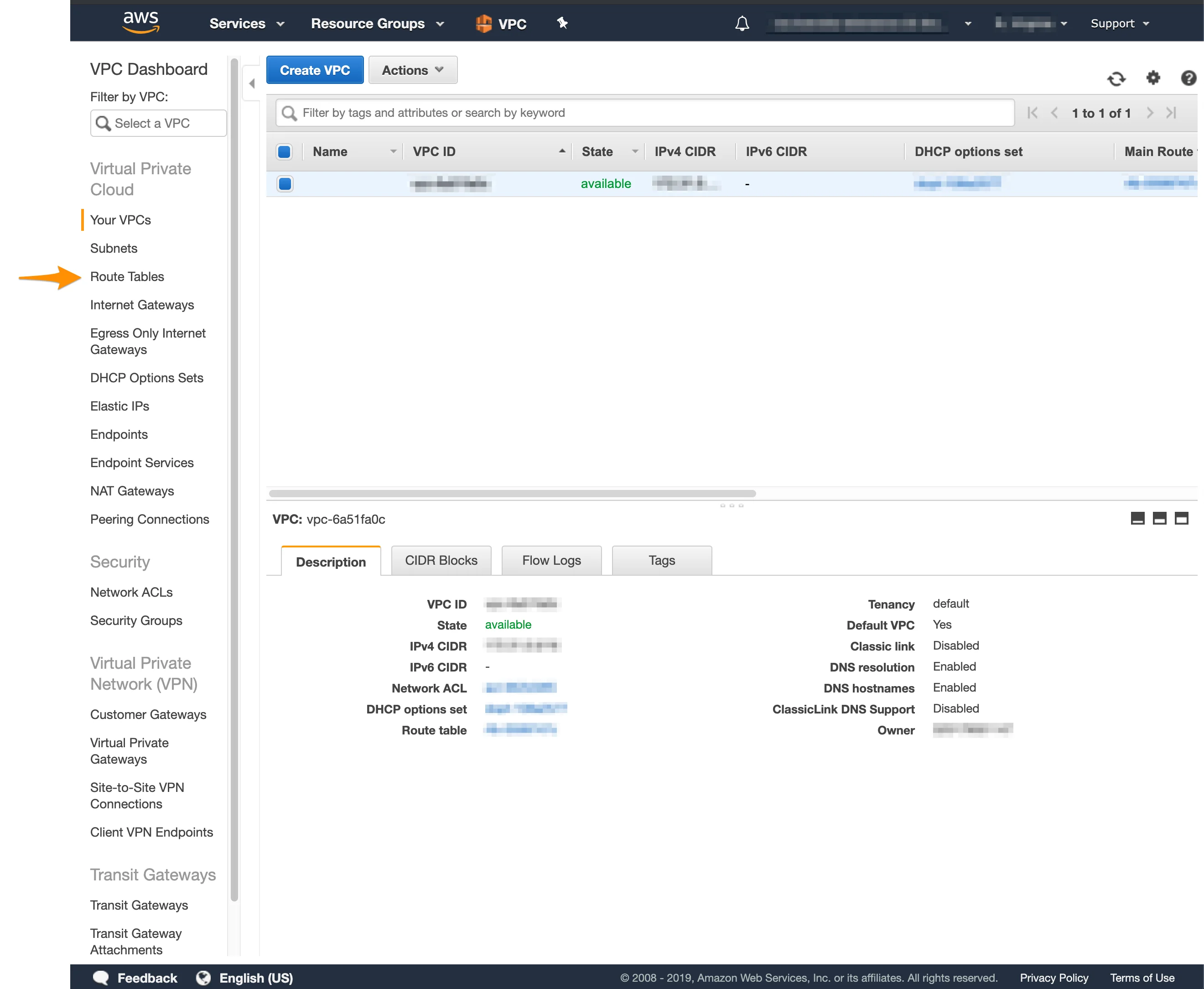 AWS VPC sidebar with Route Tables option highlighted
