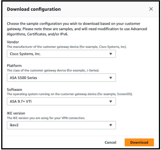 AWS Download Configuration dialog with Cisco Systems vendor and ASA platform selected