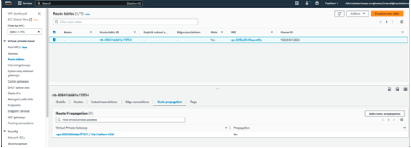 AWS Route Table Route Propagation tab with Edit route propagation button
