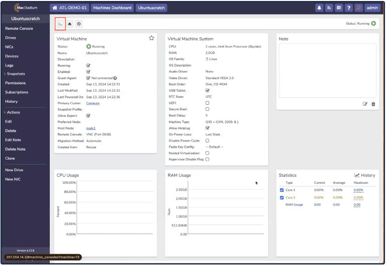 Private Cloud VM page with Console button highlighted