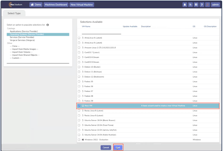 Private Cloud Select Type tab with New VM option selected