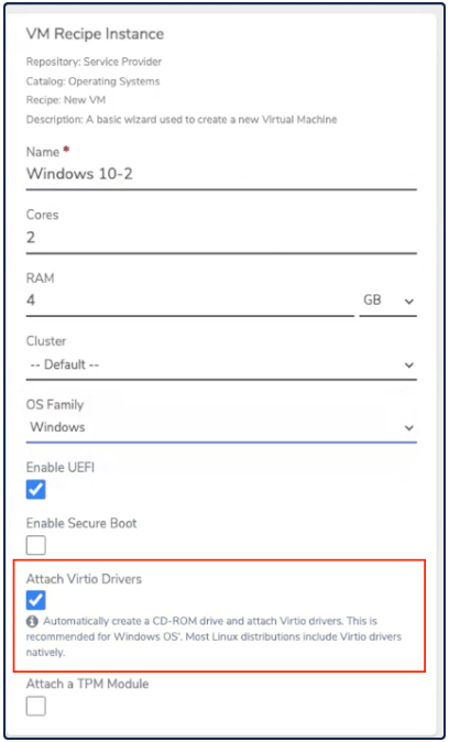 Private Cloud VM Recipe Instance fields with Attach Virtio Drives checkbox checked