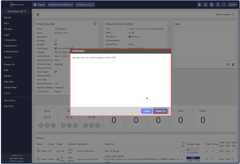 Private Cloud Power On confirmation dialog