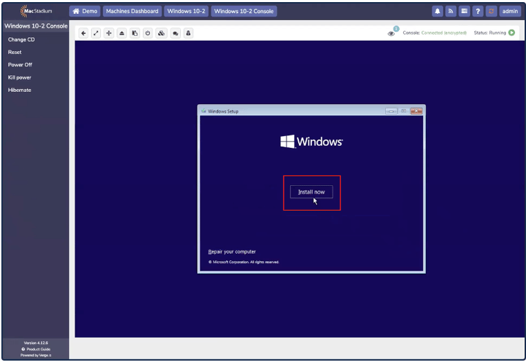 Windows setup screen with Install Now button