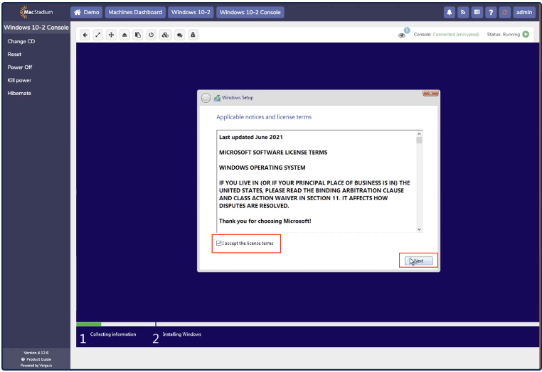 Windows setup license terms screen