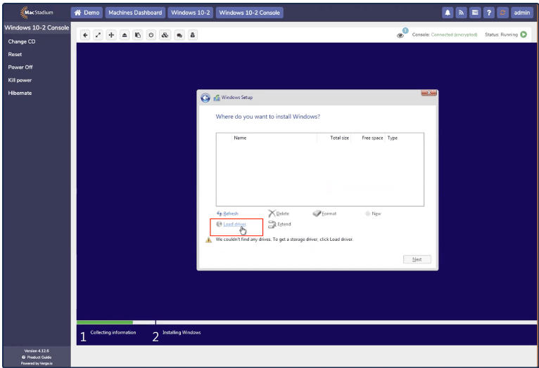 Windows setup Where to install screen with no drives found and Load Driver button