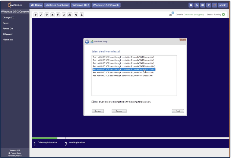 Windows driver selection list showing Virtio SCSI drivers by OS version