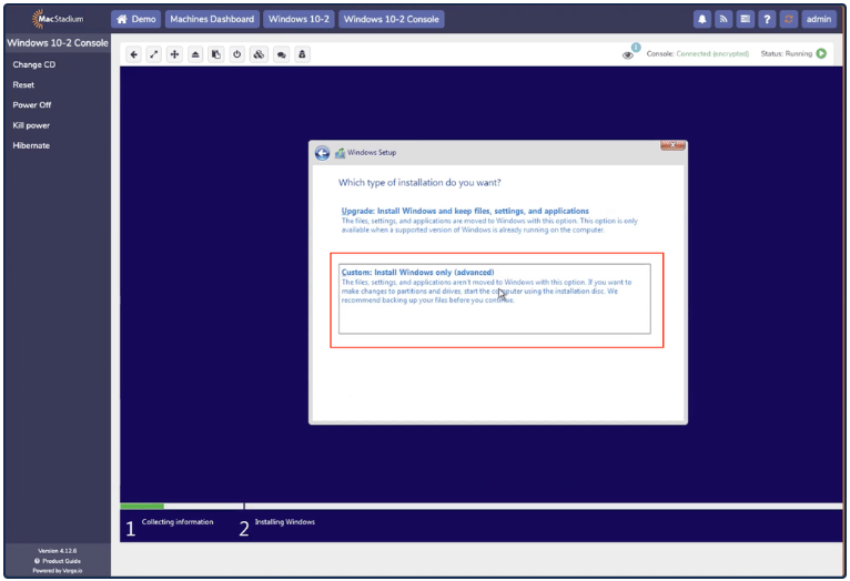 Windows setup installation type selection with Custom option