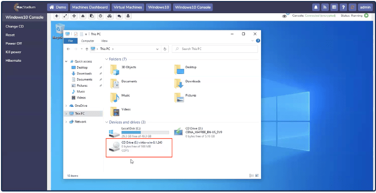 Windows Explorer showing This PC with Virtio drivers CD drive