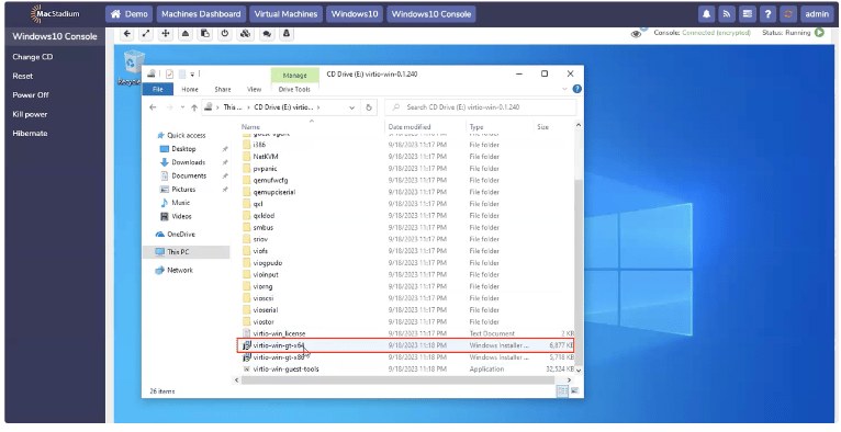 Windows Explorer with virtio-win-gt-x64 installer file highlighted