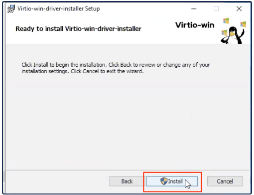 Virtio Windows Guest Tools ready to install screen with Install button