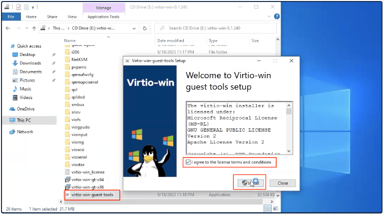 Virtio guest tools installer with Install button