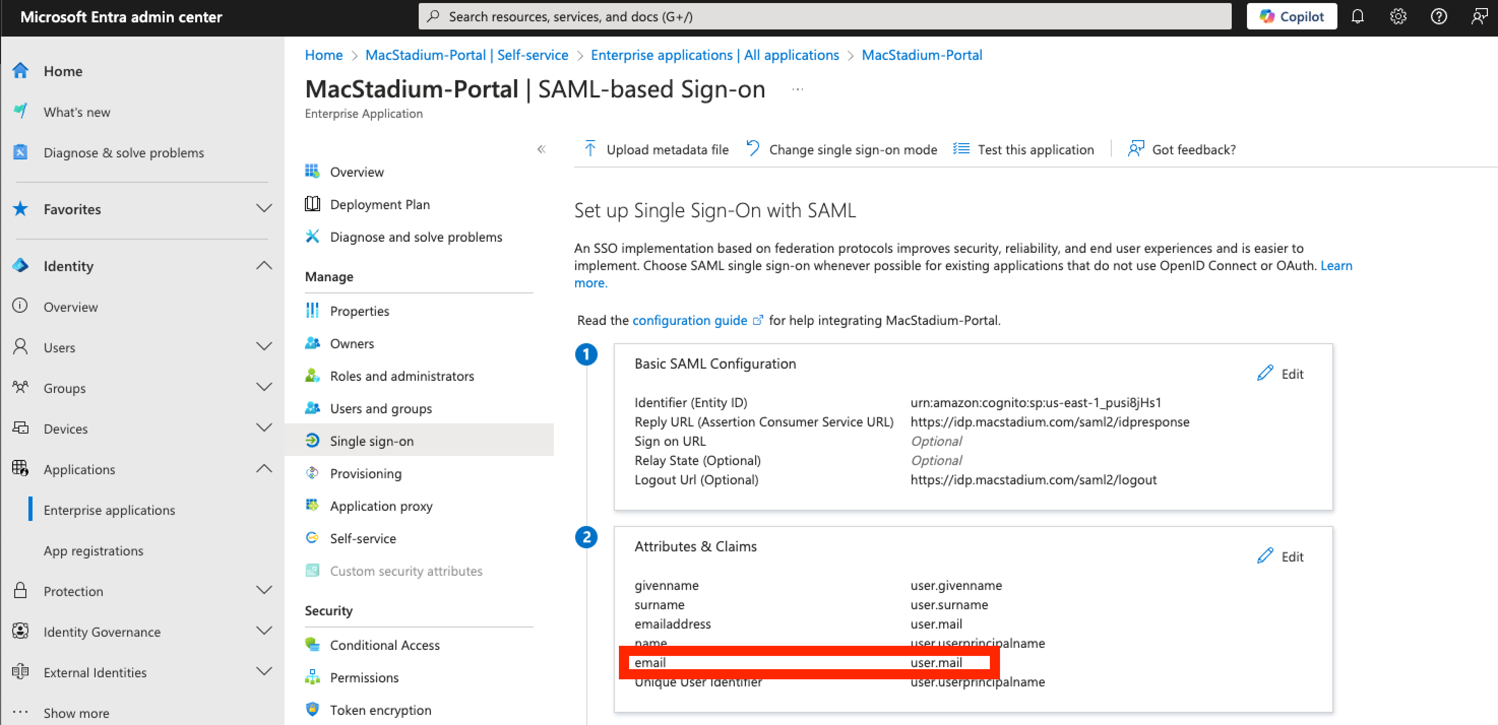 Azure SAML app section 2 showing correctly configured Attributes and Claims
