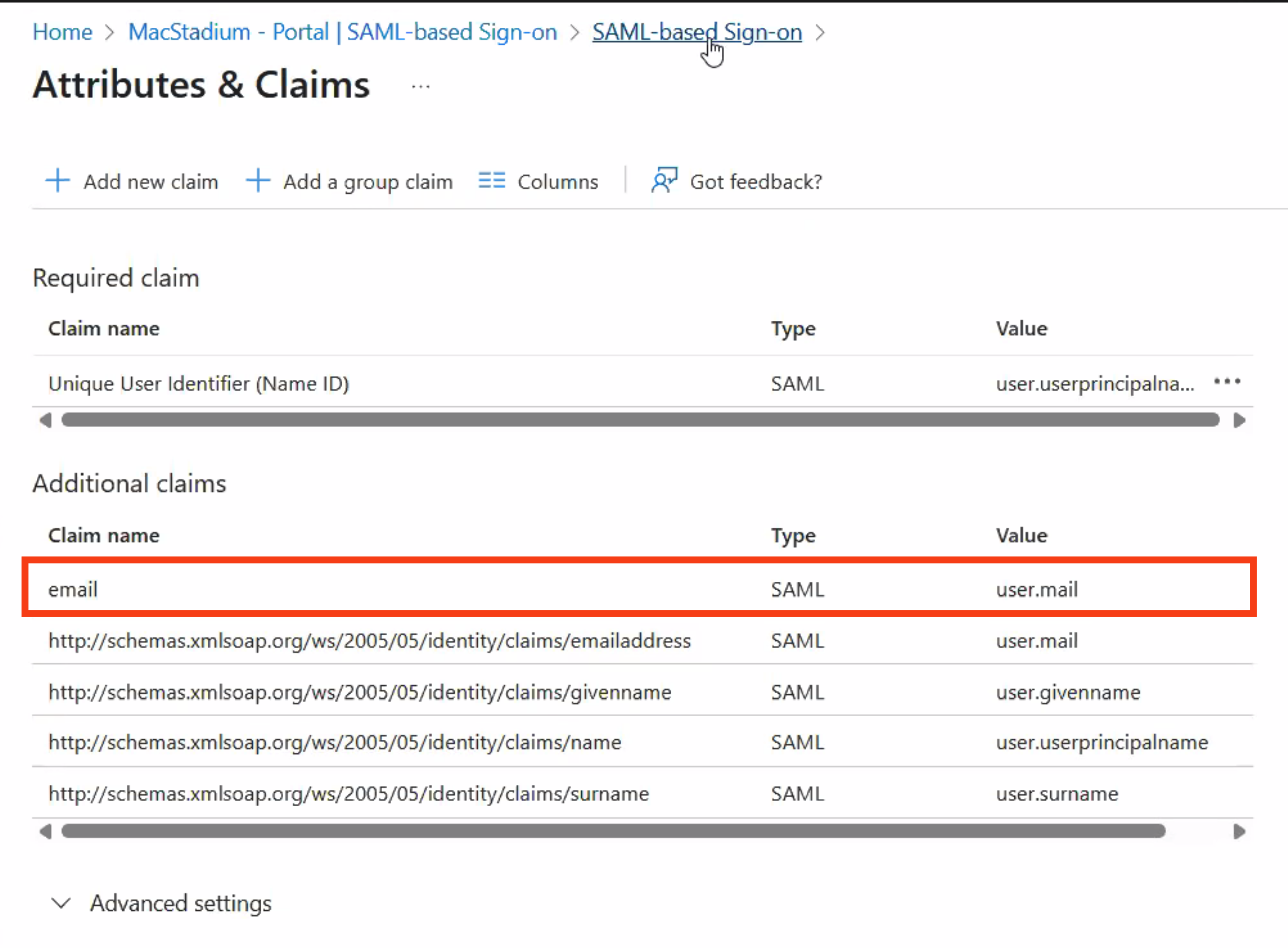 Azure Attributes and Claims configuration with email mapped to user.mail
