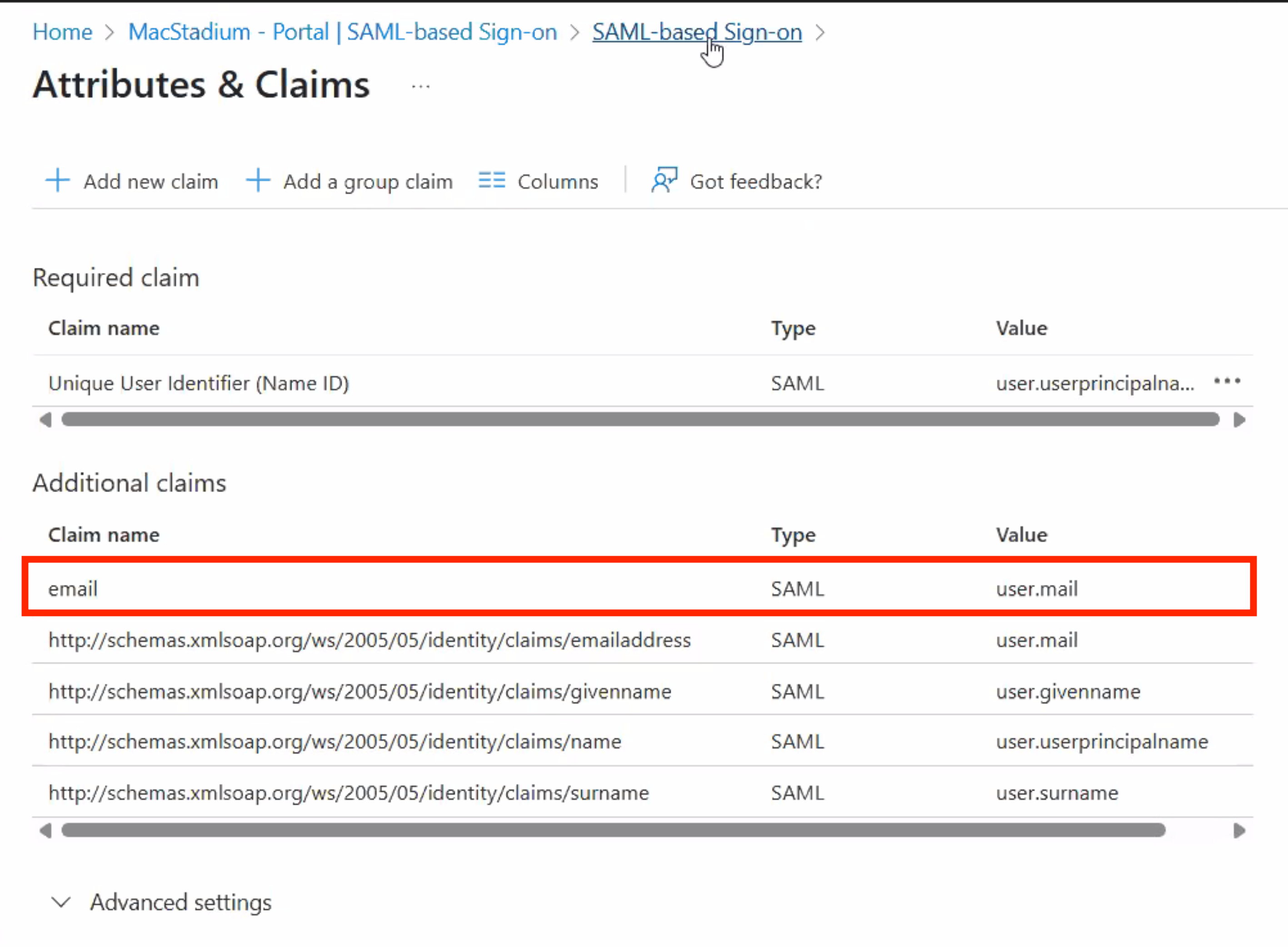 Azure Attributes and Claims configuration with email mapped to user.mail