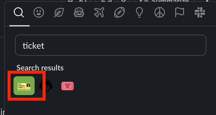 Slack message with ticket emoji reaction being added