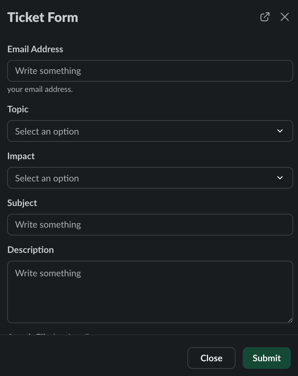 Slack ticket creation form with Email Address, Topic, Impact, Subject, and Description fields