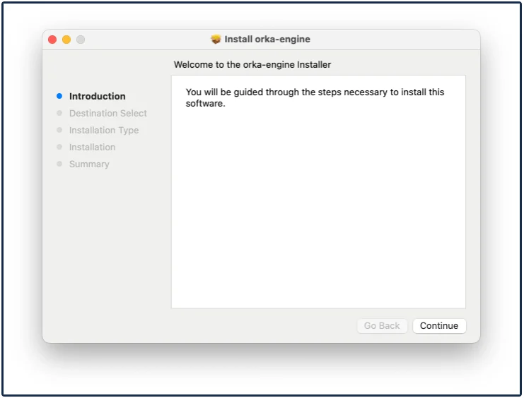 macOS installer window for orka-engine showing the Introduction step