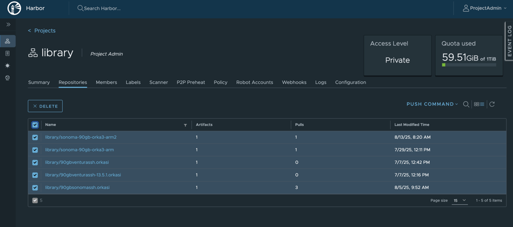 Harbor repository with image tags selected for deletion