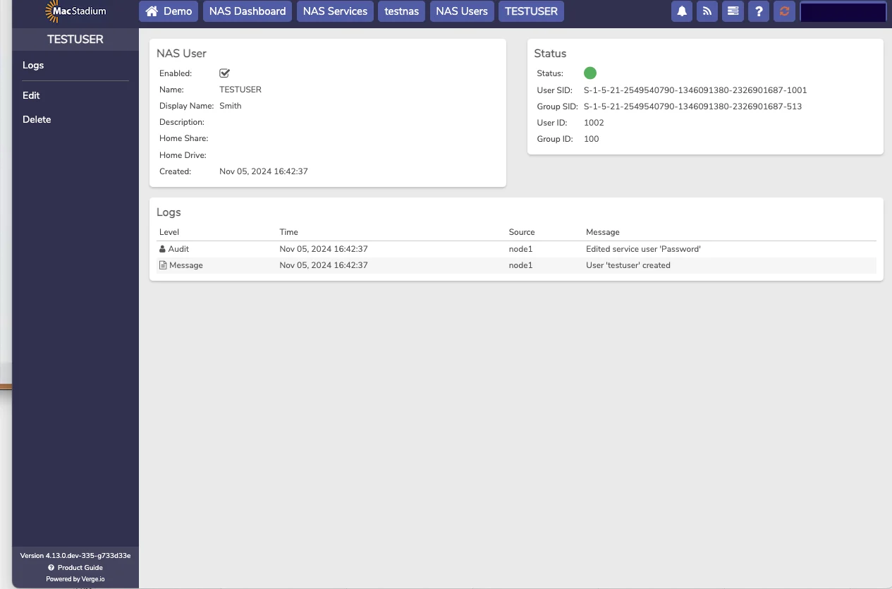 Private Cloud NAS Users list showing the newly created user