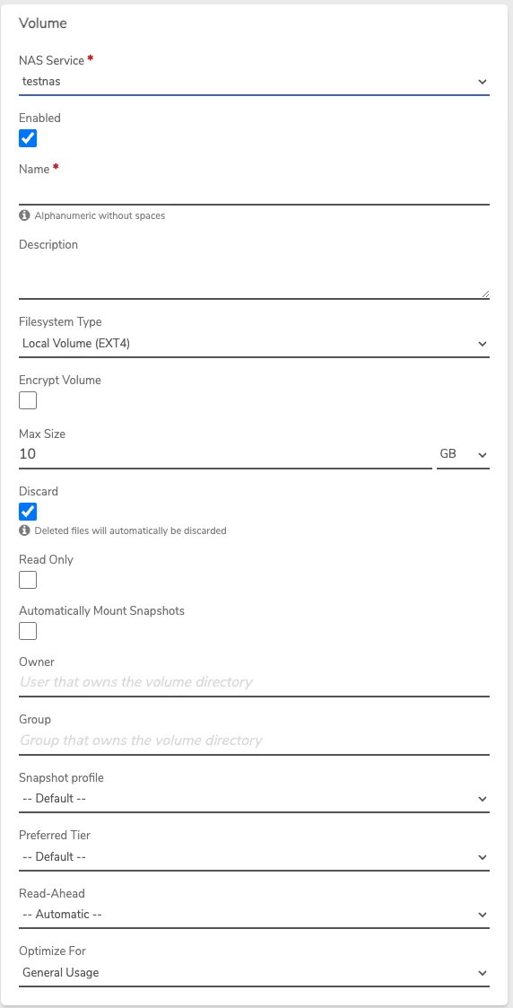 Private Cloud New Volume form with NAS Service dropdown