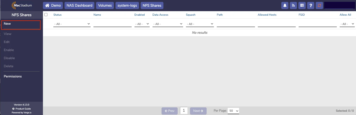 Private Cloud NFS Shares page with New button