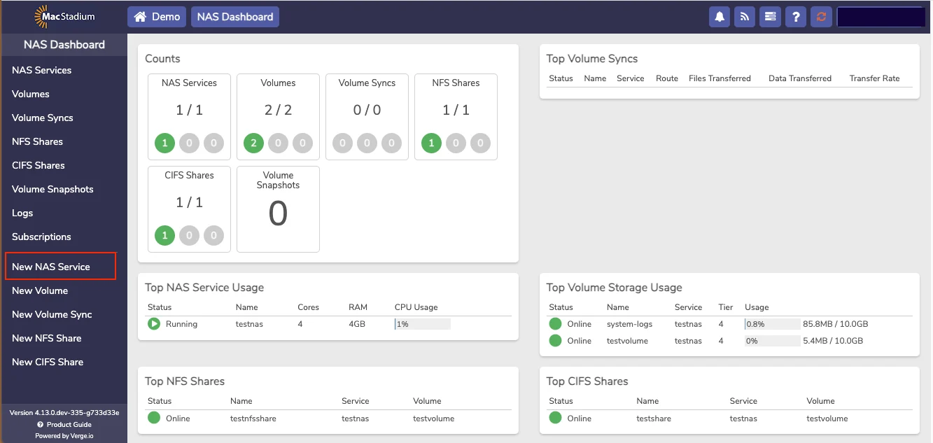 Private Cloud NAS Dashboard with no services and New NAS Service button