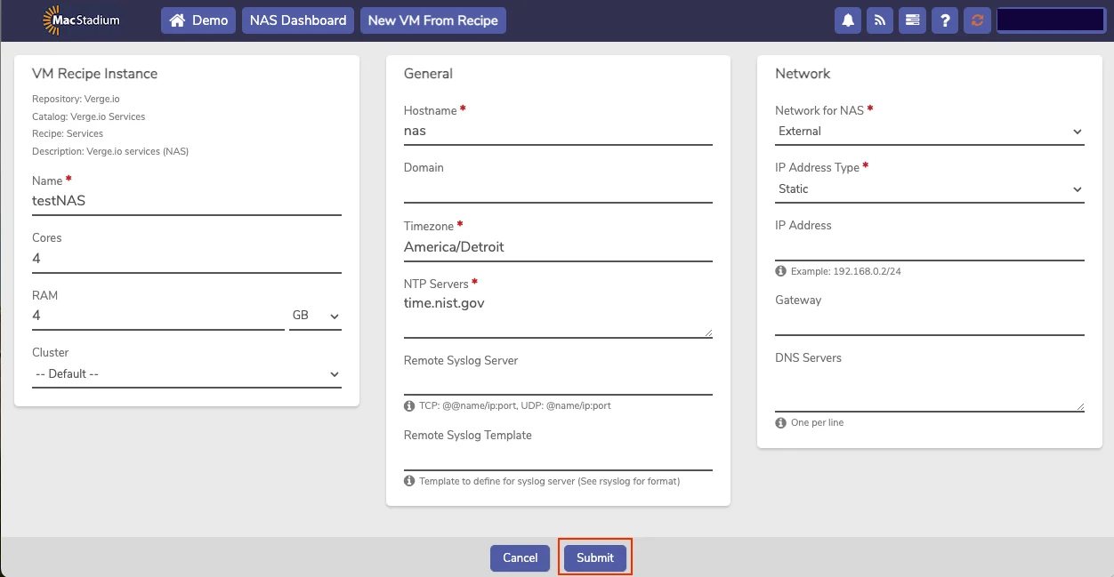 Private Cloud New NAS Service recipe form with VM Recipe Instance fields