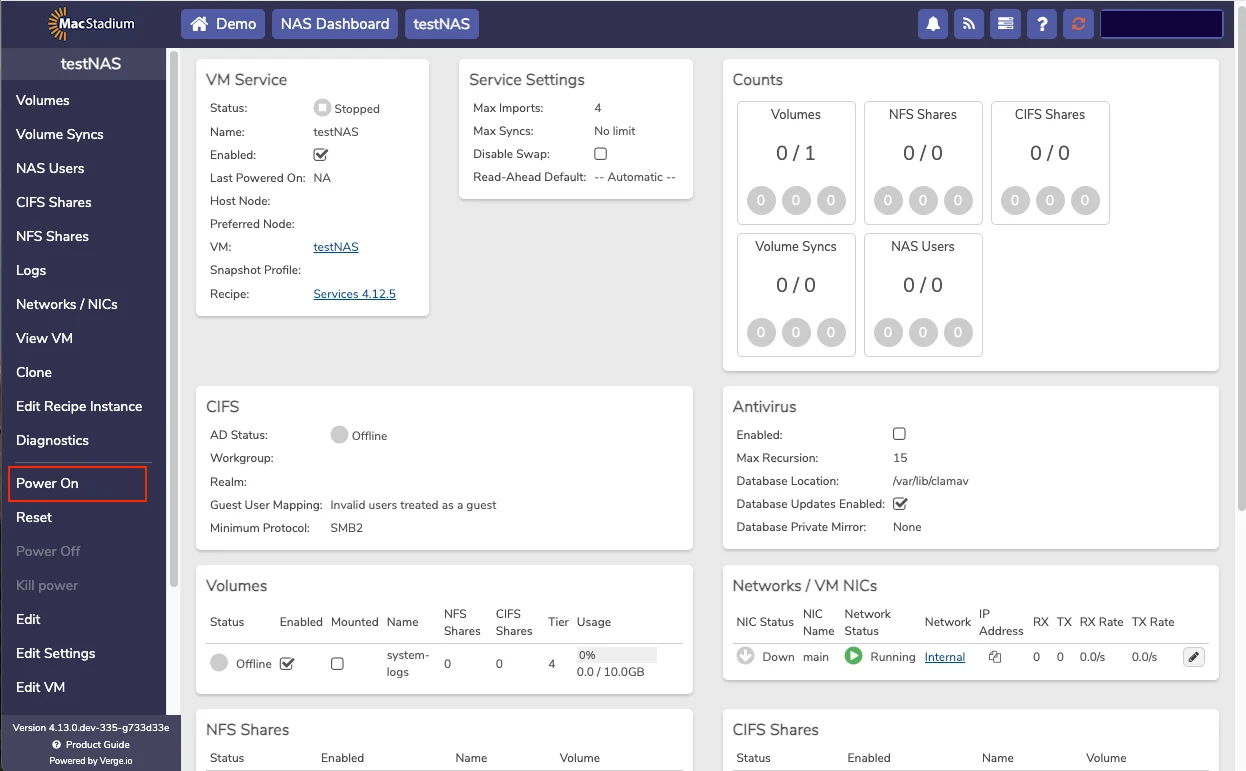 Private Cloud NAS Service dashboard with Power On button