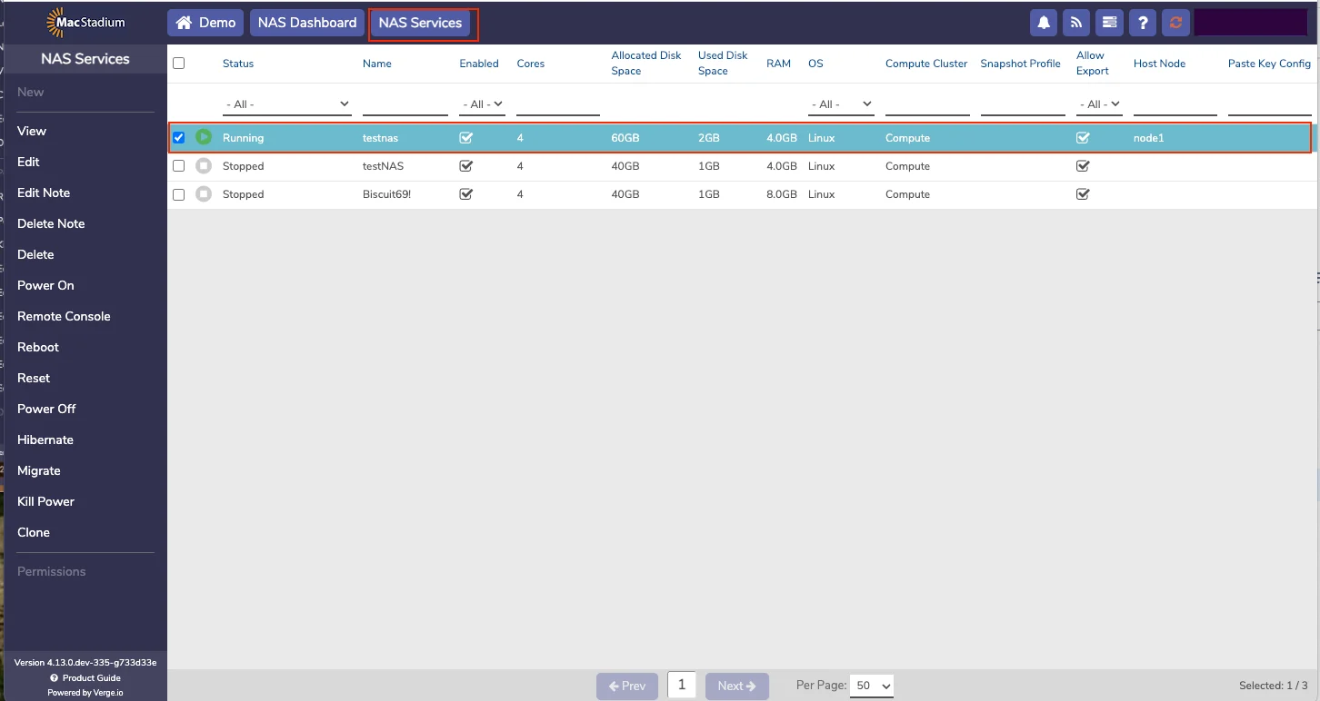 Private Cloud NAS Services list with a service to select