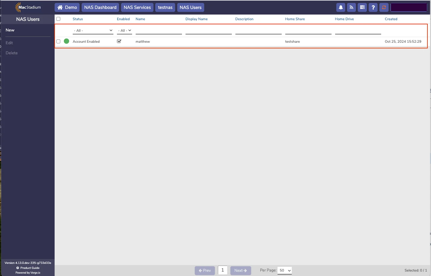 Private Cloud NAS Service detail showing NAS User option