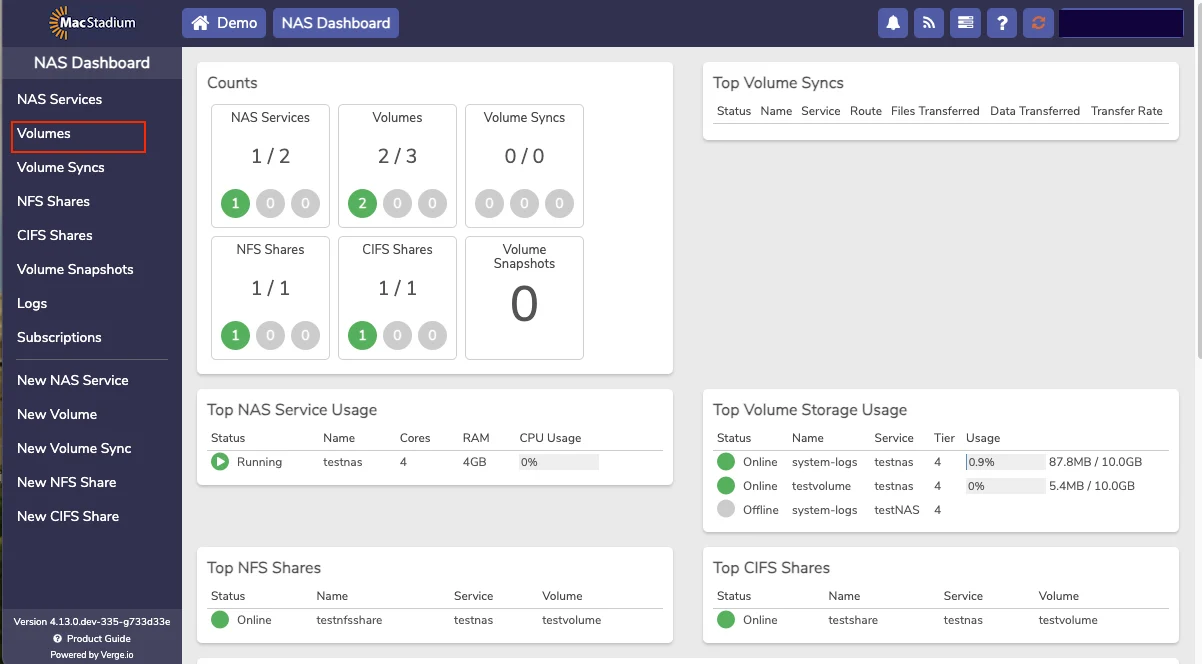 Private Cloud left menu with Volumes option highlighted