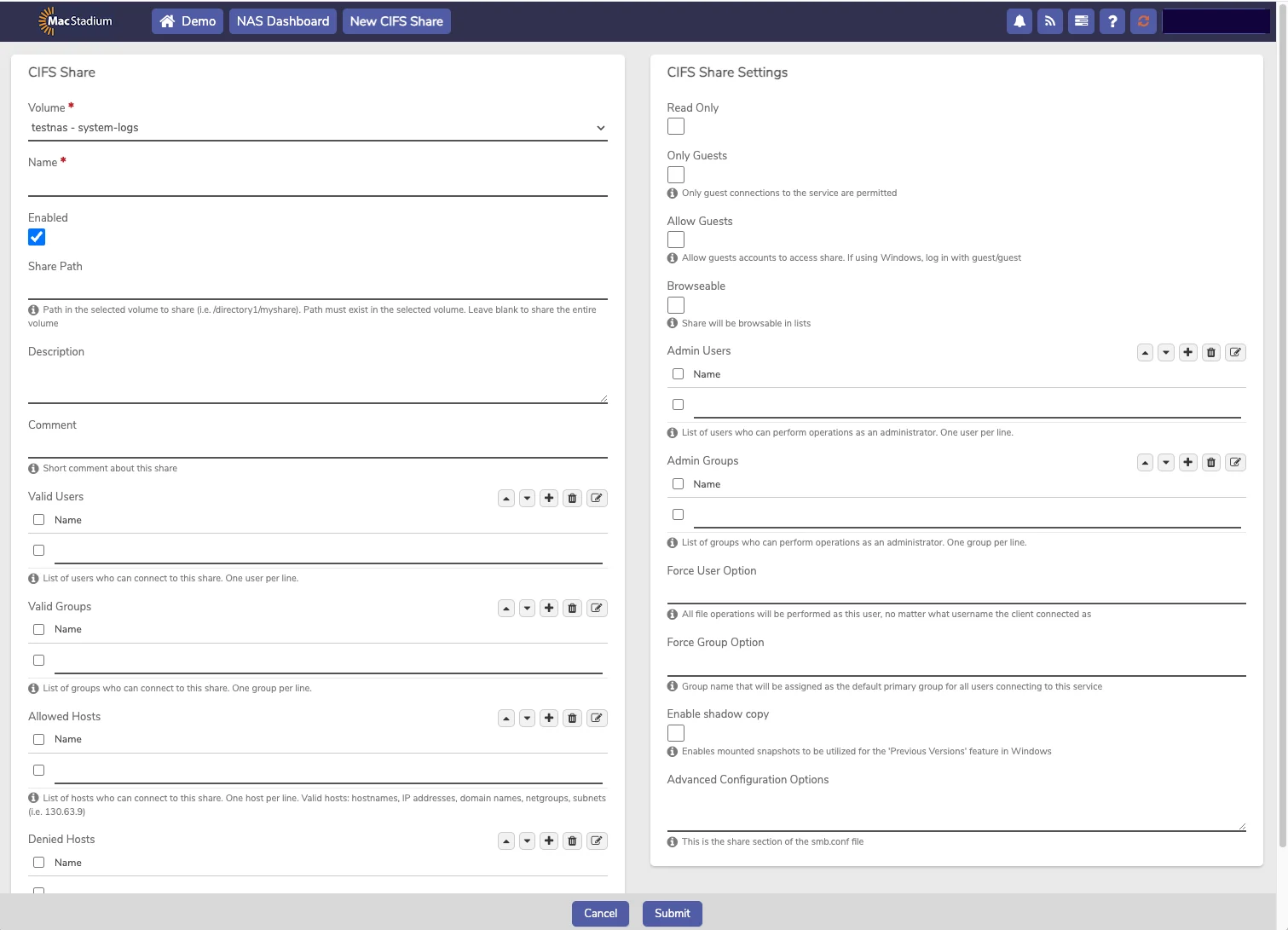 Private Cloud CIFS Shares form with Name, Share Path, and permissions fields