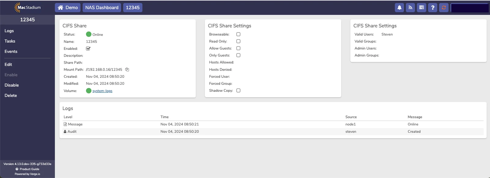 Private Cloud NAS CIFS Shares list showing the newly created share