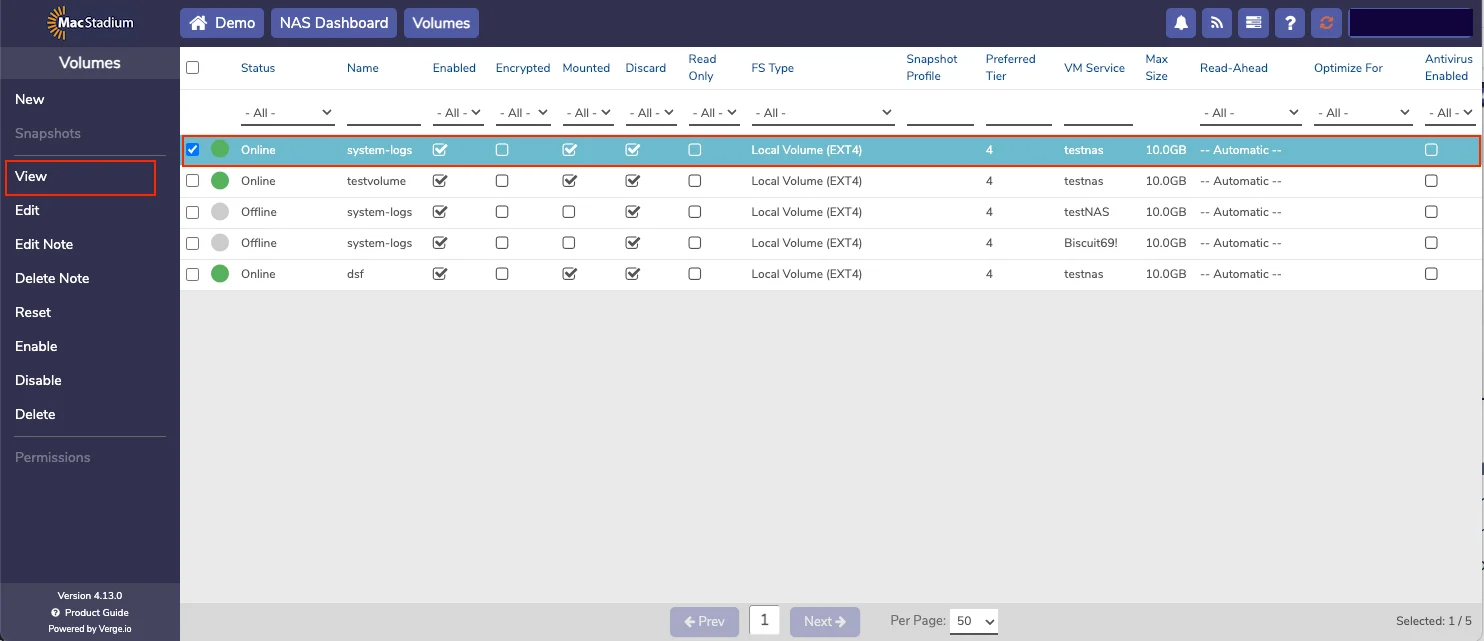 Private Cloud Volumes list with a volume row highlighted